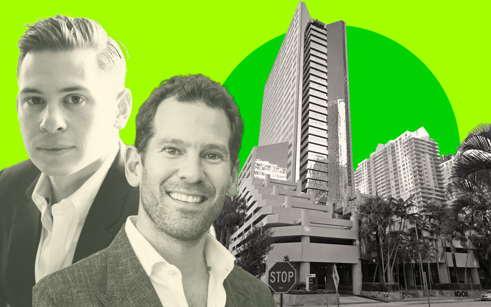 Oak Row Equities’ David Weitz and Erik Rutter and a view of the Brickell assemblage consisting of the Brickell Bay Office Tower at 1001 Brickell Bay Drive and Yacht Club Apartments at 1111 Brickell Bay Drive in Miami (Oak Row, Google Maps)