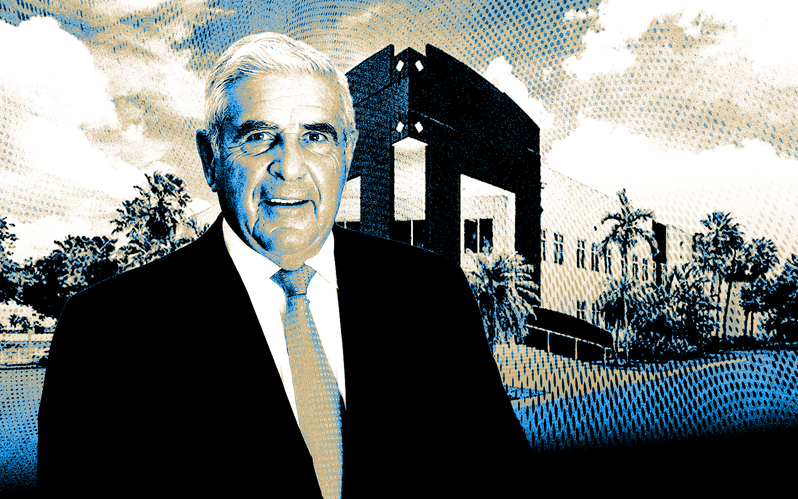 A photo illustration of Easton Group’s Ed Easton along with the warehouse at 9880 NW 25 Street in Doral (Getty, Easton Group, Google Maps)