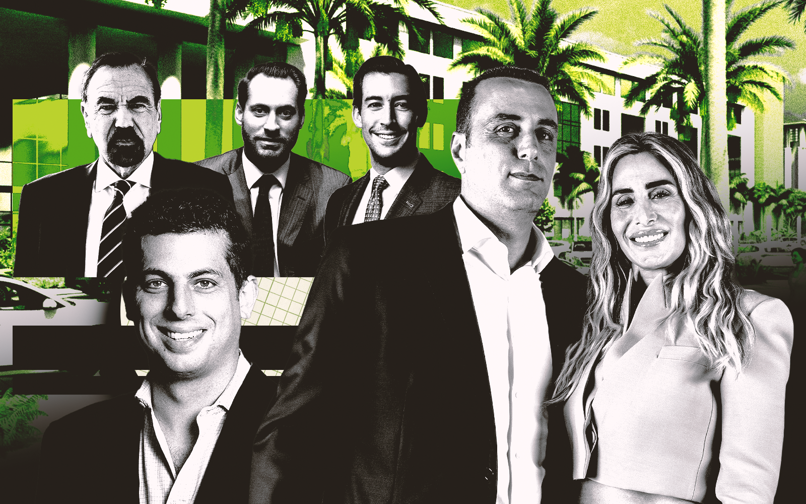 A photo illustration of Related Group’s Jorge, Nick and Jon Paul Pérez; Pebb Enterprises’ Ian Weiner; BH Group’s Isaac and Liat Toledano; and a rendering of the planned Office Depot mixed-use building in Boca Raton (Getty, Related Group, Pebb Enterprises, BH Group)