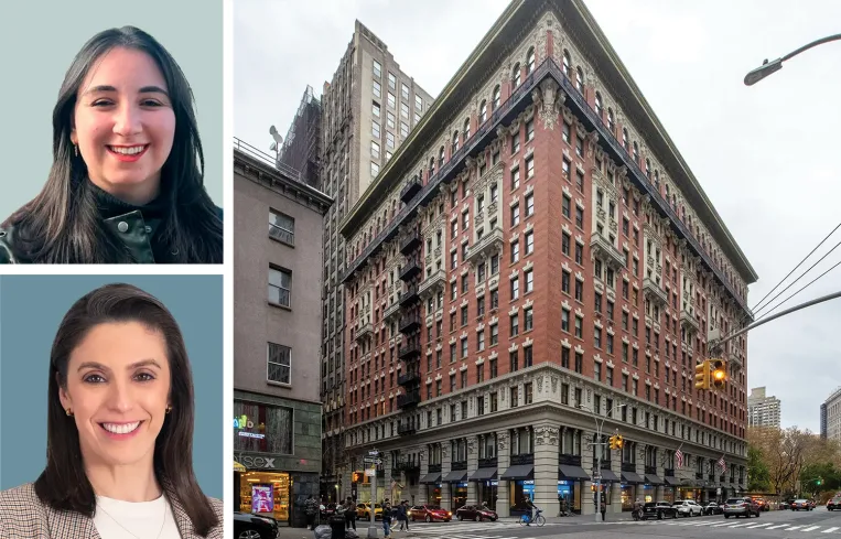 CBRE's Aylin Gucalp (top) and Cassie Durand (bottom), and 225 Fifth Avenue.