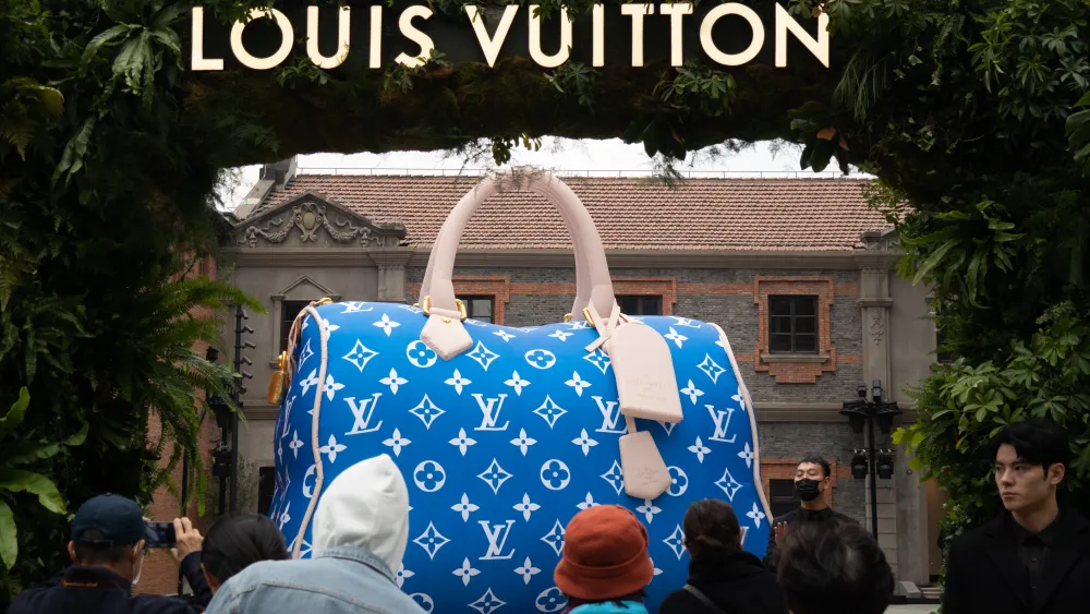 A view of a scaled-up mock of a Louis Vuitton bag during a promotional event by the French luxury brand in Shanghai.