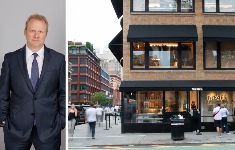 REBNY's Keith Decoster and pedestrians walking past a store in Soho.