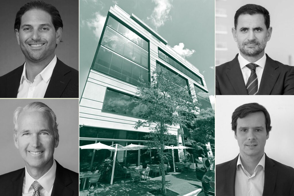 Torose Equities’ Scott Sherman, Sabal Investment Holdings’ Pat Jackson and Azora Private's Juan José Zaragoza and Ignacio Gil-Casares with the office building at 3480 Main Highway in Miami (LinkedIn, Google Maps, Torose Equities).